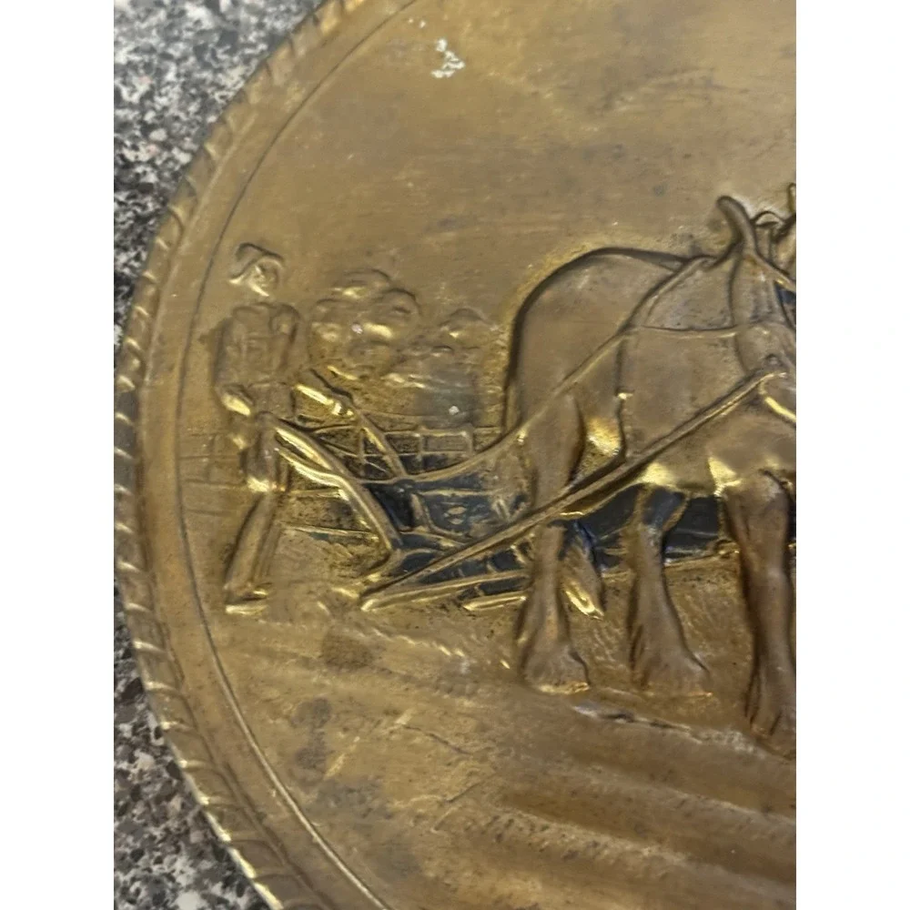 Vintage Embossed Brass Wall Plate Decorative Plate Made in England Horse & Plow